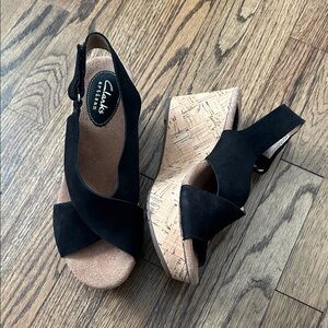 Clarks Black Suede Cork Wedge Sandals